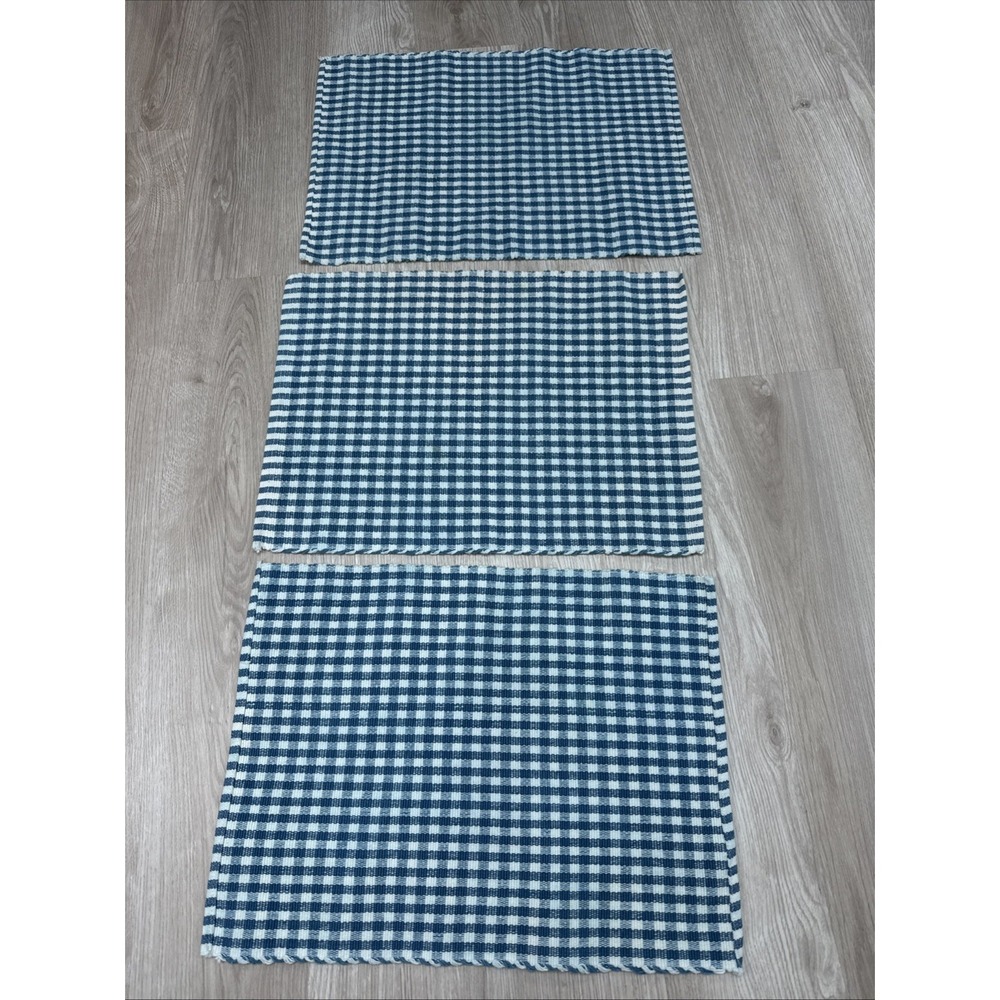 Lot Of 3 Blue & White Classic Gingham Checked Rustic Farmhouse Woven Placemats